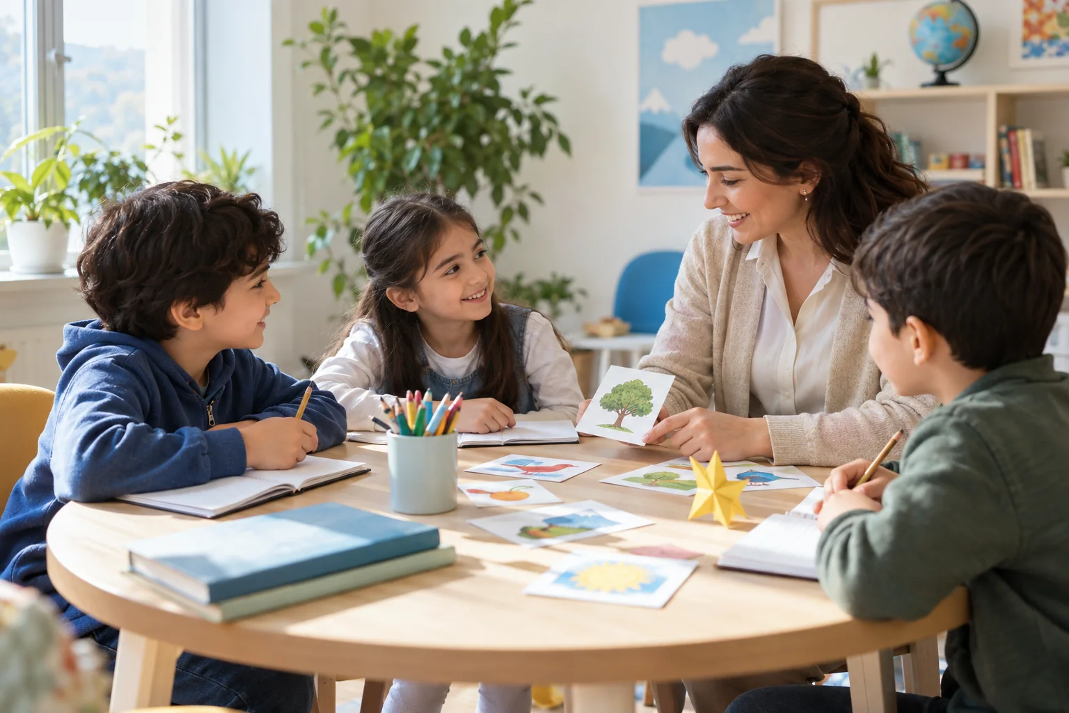 Children and a teacher exploring picture cards together (AI-generated illustration)