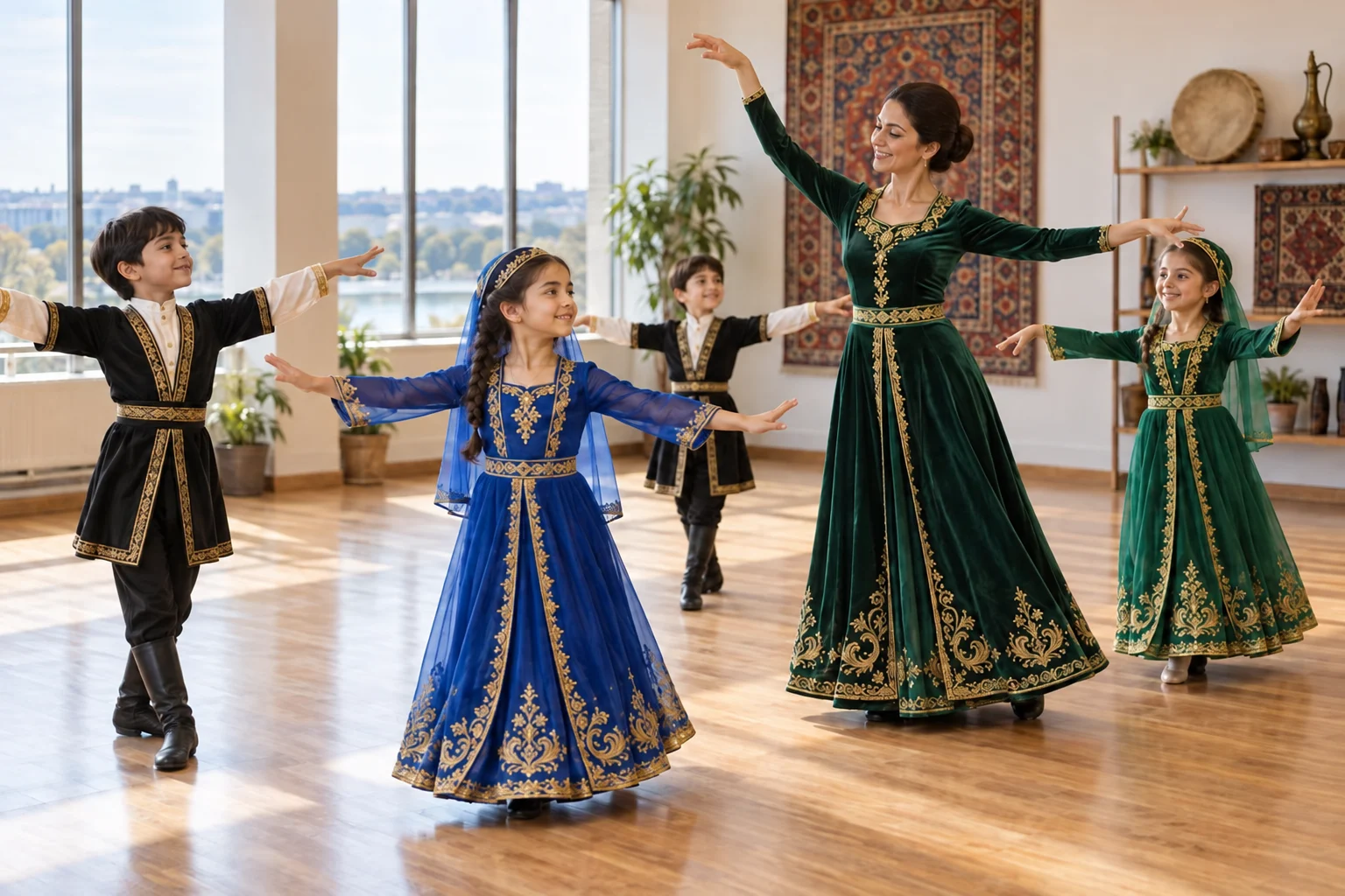 Children and an instructor practicing Azerbaijani dance in traditional costumes (AI-generated illustration)