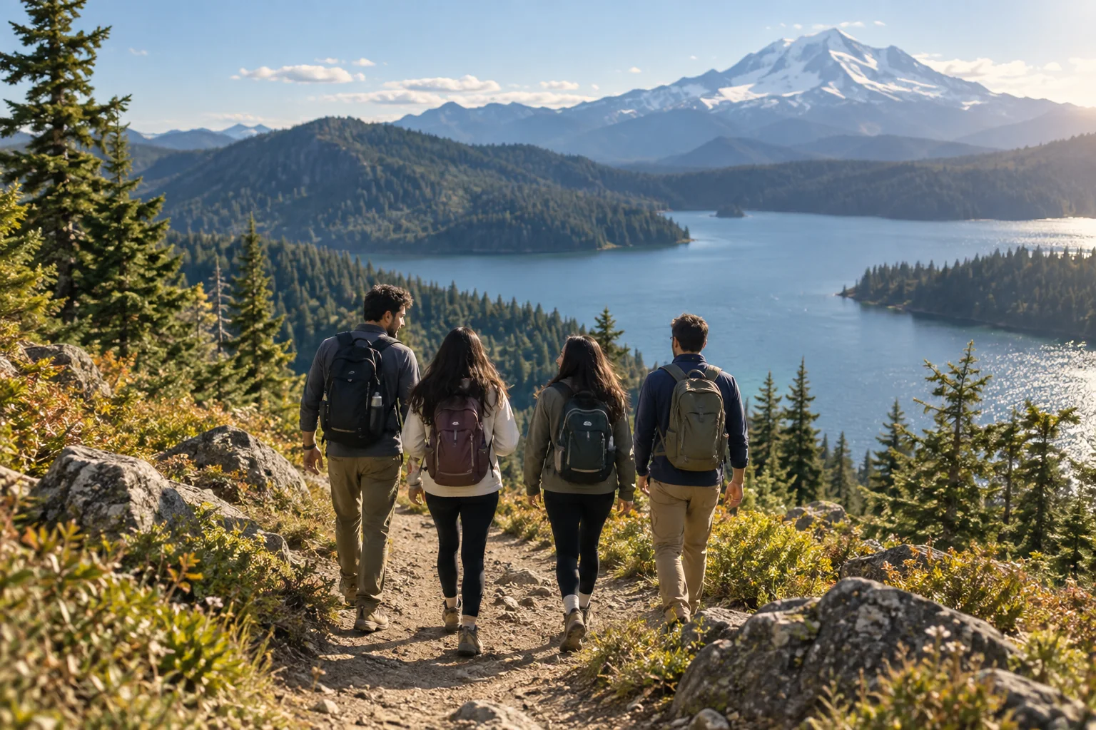 Friends exploring a Pacific Northwest mountain trail (AI-generated illustration)