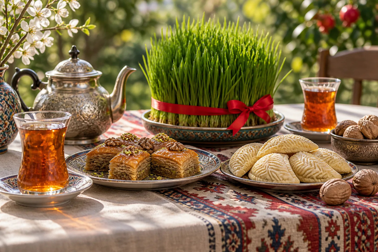 Azerbaijani tea, pastries, and a Novruz wheatgrass centerpiece (AI-generated illustration)